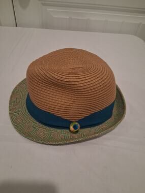 Target Women's Straw Fedora Trilby Hat Brown Green Woven Short Brim Ribbon Band